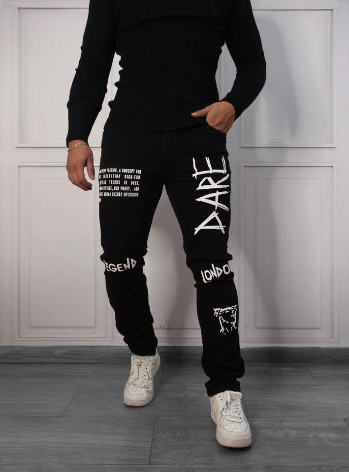 Black Slim Fit Jeans with Urban Print